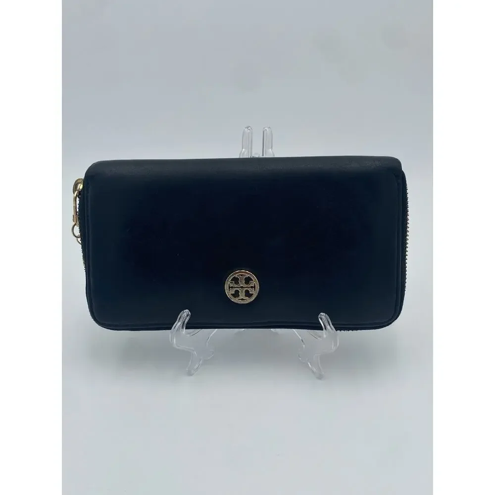 TORY BURCH Black Saffiano Leather Robinson Continental Zip Around Wallet